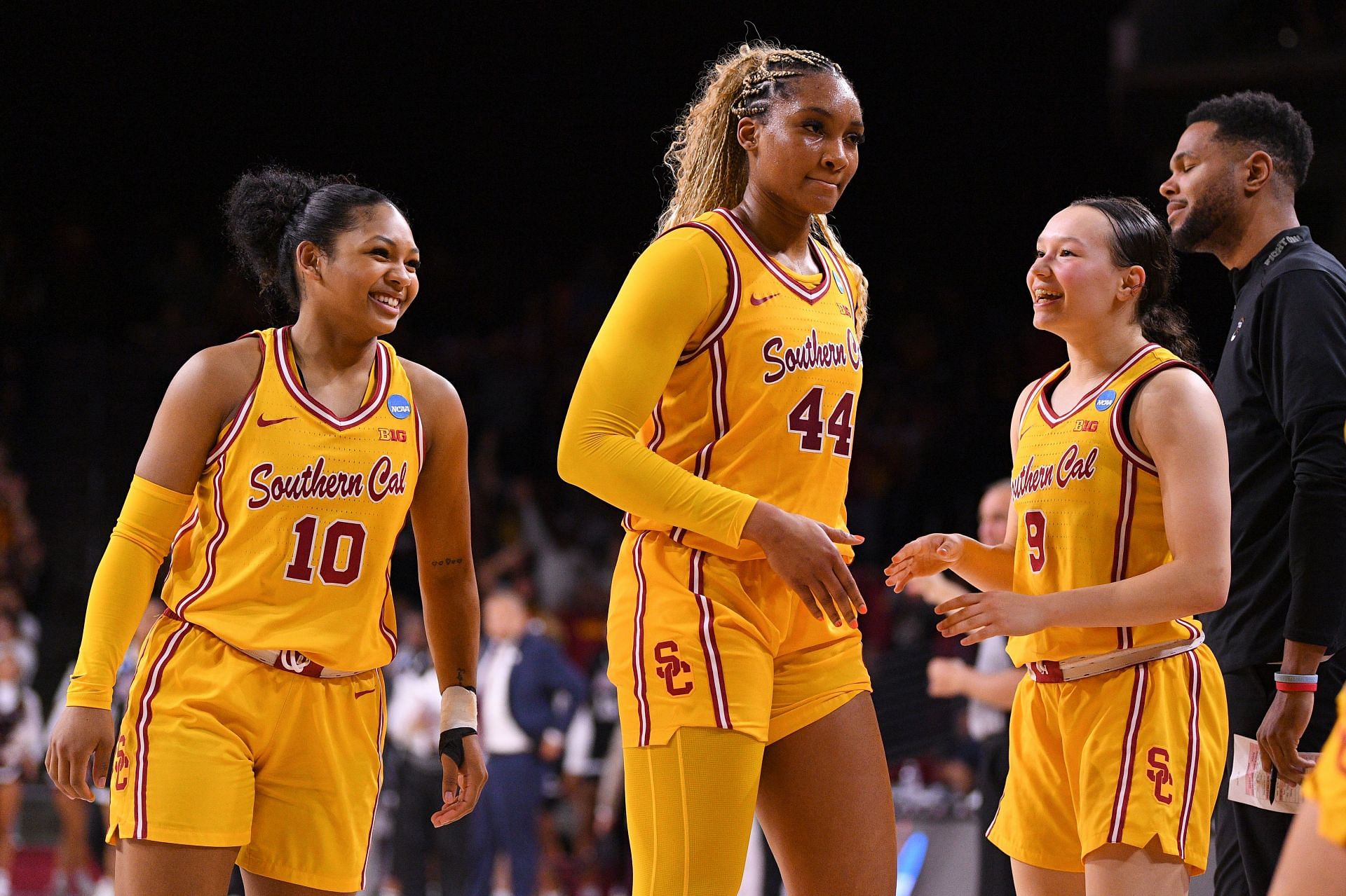 USC Trojans forward Kiki Iriafen (#44) celebrates with Kayleigh Heckel (#9) and Malia Samuels (#10) during their NCAA Tournament game against the Mississippi State Bulldogs on March 24, 2025, at the Galen Center in Los Angeles, California. Photo: Getty
